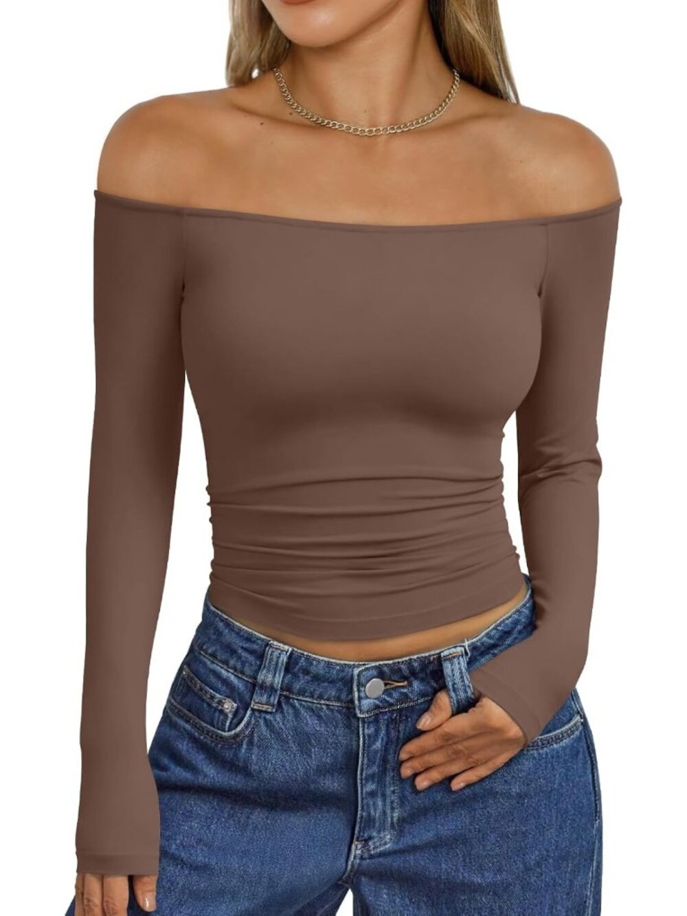 Women's Brown Long Sleeve Ribbed Off Shoulder Tops Sexy Cropped T-Shirt Top
